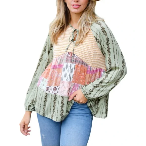 NEW HAPTICS OLIVE & MUSTARD BOHO TWO TONE TIERED BABYDOLL TOP - Picture 6 of 11